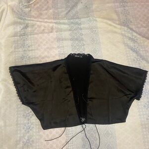 Nasty Gal Black Satin & Lace Cropped Kimono Shrug